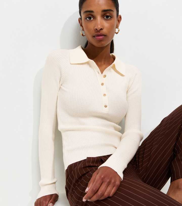 Cream Lightweight Ribbed Polo Top