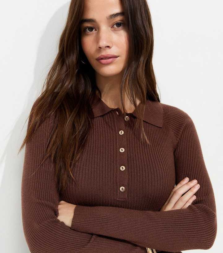 Dark Brown Lightweight Ribbed Polo Top