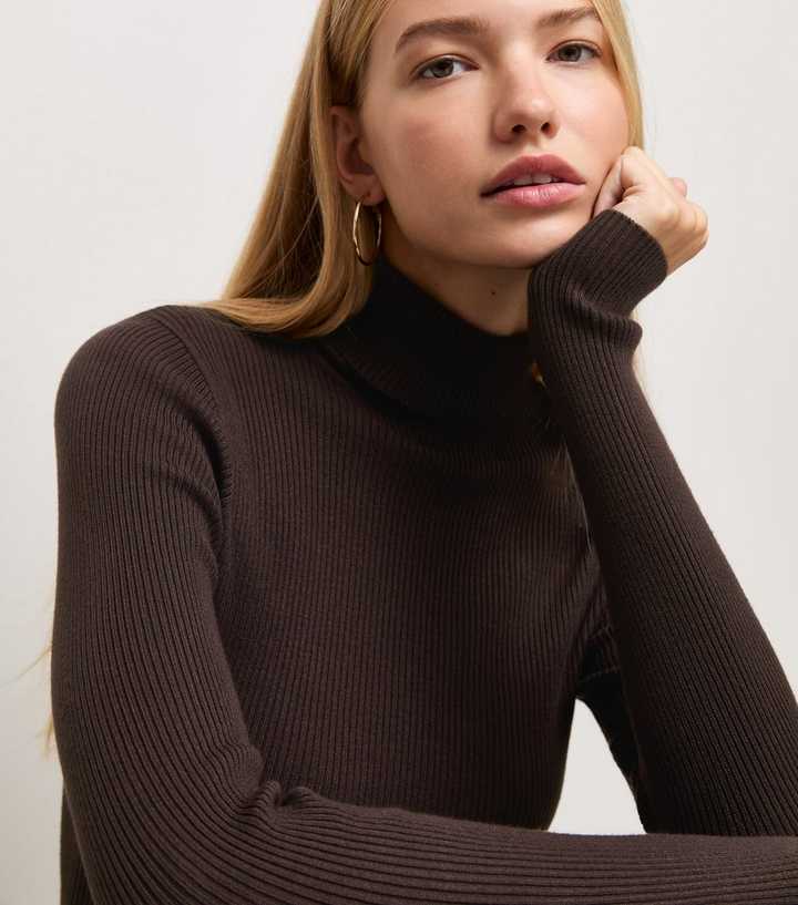 Dark Brown Lightweight Knit Roll Neck Jumper