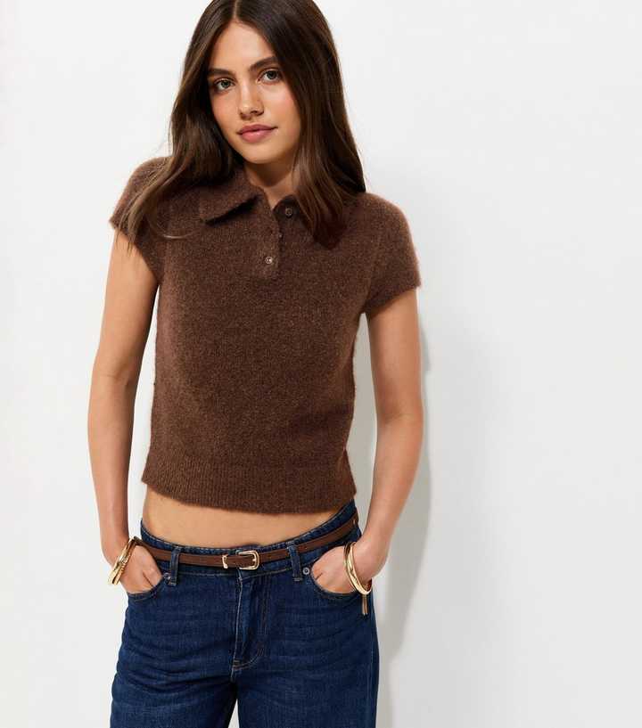 Dark Brown Brushed Knit Short Sleeve Polo Top with Wool
