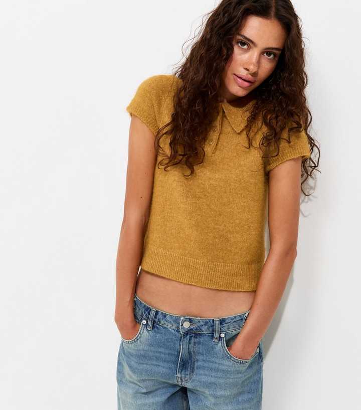 Dark Yellow Brushed Knit Short Sleeve Polo Top