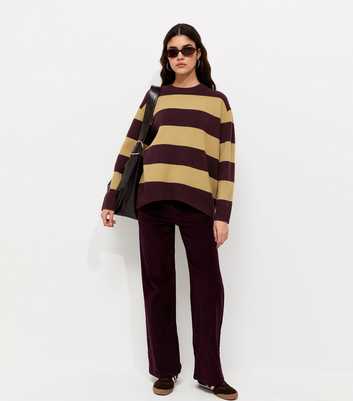 Burgundy Striped Oversized Crew Neck Jumper