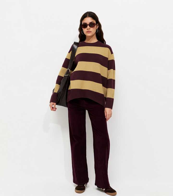 Burgundy Striped Oversized Crew Neck Jumper