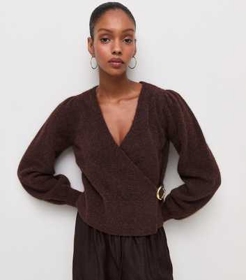 Dark Brown With Wool Knitted Buckle Wrap Jumper