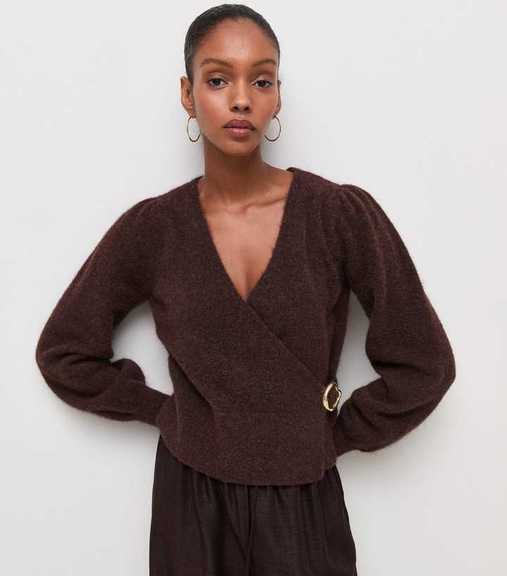 Dark Brown With Wool Knitted Buckle Wrap Jumper