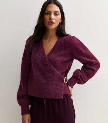 Bright Purple Knitted Buckle Wrap Jumper with Wool