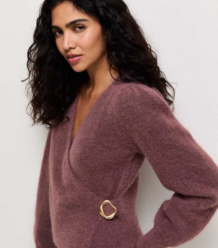 Dark Pink With Wool Knitted Buckle Wrap Jumper