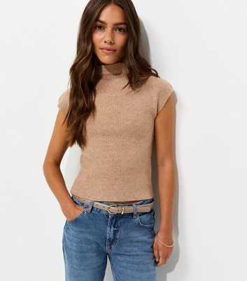 Petite Camel Ribbed Knit Cap Sleeve Top