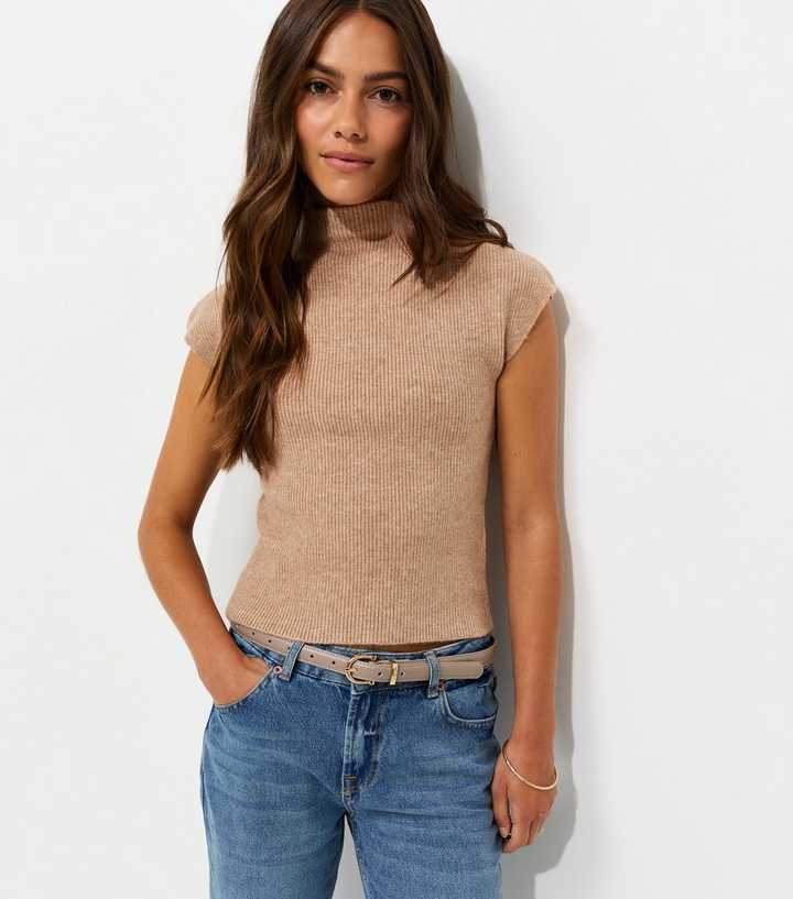 Petite Camel Ribbed High Neck Cap Sleeve Knit Top