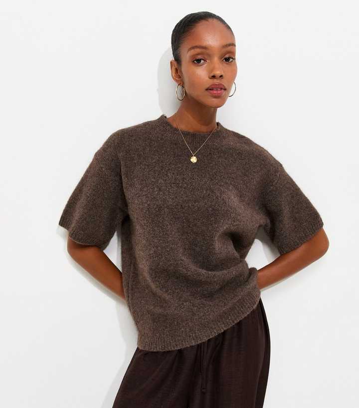 Dark Mink Knitted Oversized Short Sleeve Top with Wool