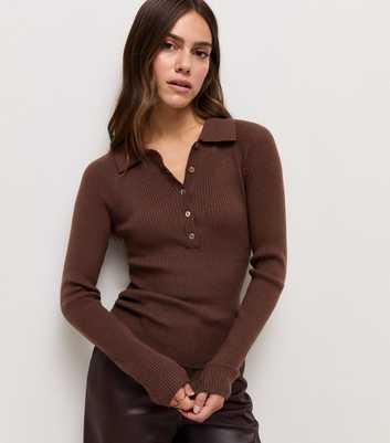 Petite Dark Brown Lightweight Rib Polo Shirt