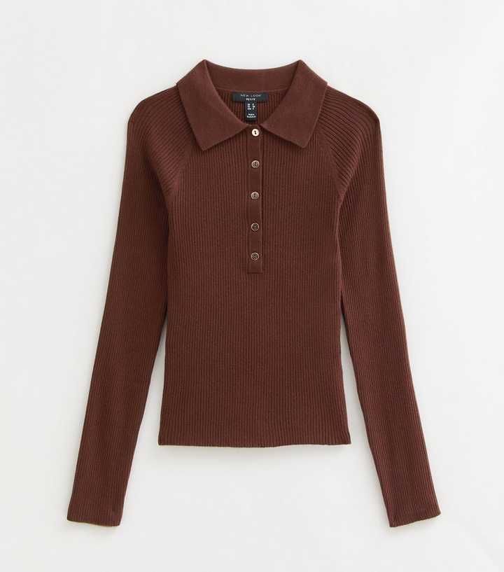 Petite Dark Brown Lightweight Rib Polo Shirt