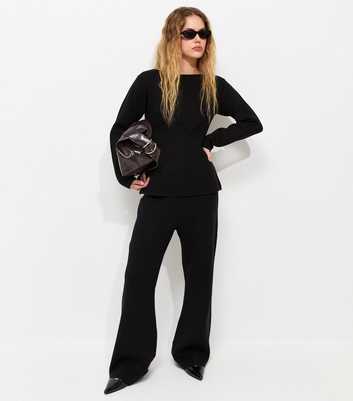 Black Compact Knit Wide Leg Trousers