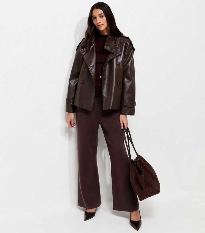 Dark Burgundy Compact Knit Wide Leg Trousers