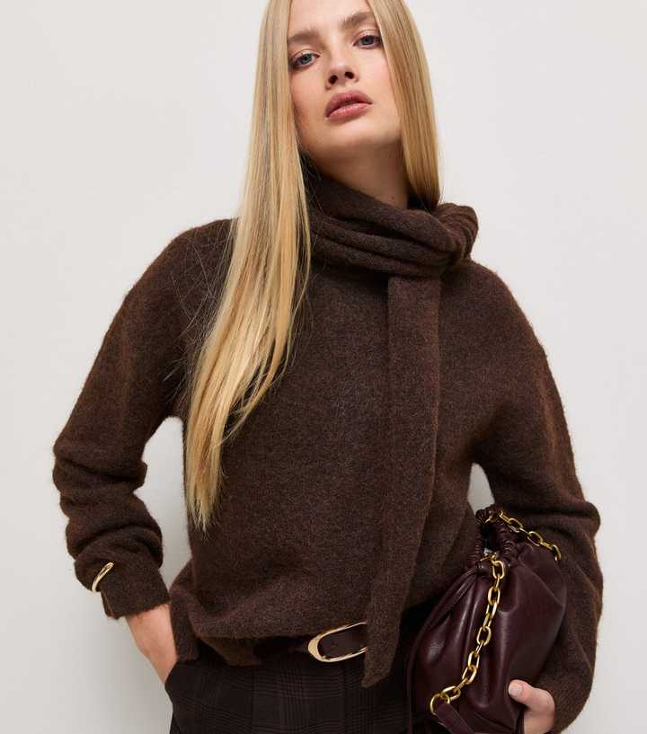 Dark Brown Knit Scarf Jumper with Wool