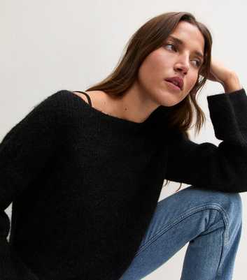 Black Brushed Knit Slash Neck Jumper with Wool