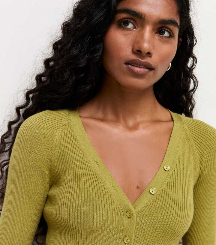 Petite Green Lightweight Ribbed Henley V-Neck Top