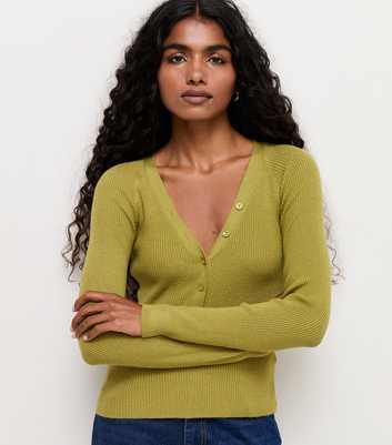 Petite Green Lightweight Ribbed Henley V-Neck Top