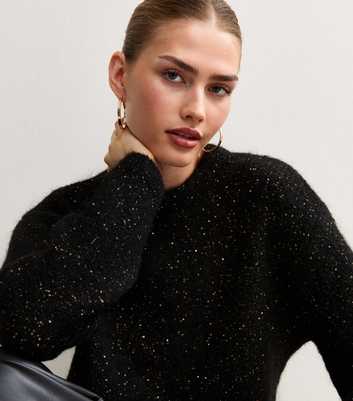 Black Sequin Knit Crew Neck Jumper with Wool