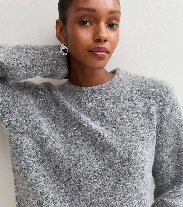 Grey Sequin Knit Crew Neck Jumper with Wool