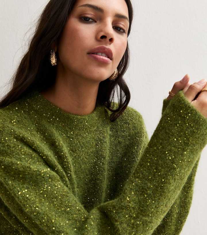 Light Khaki Sequin Knit Crew Neck Jumper with Wool