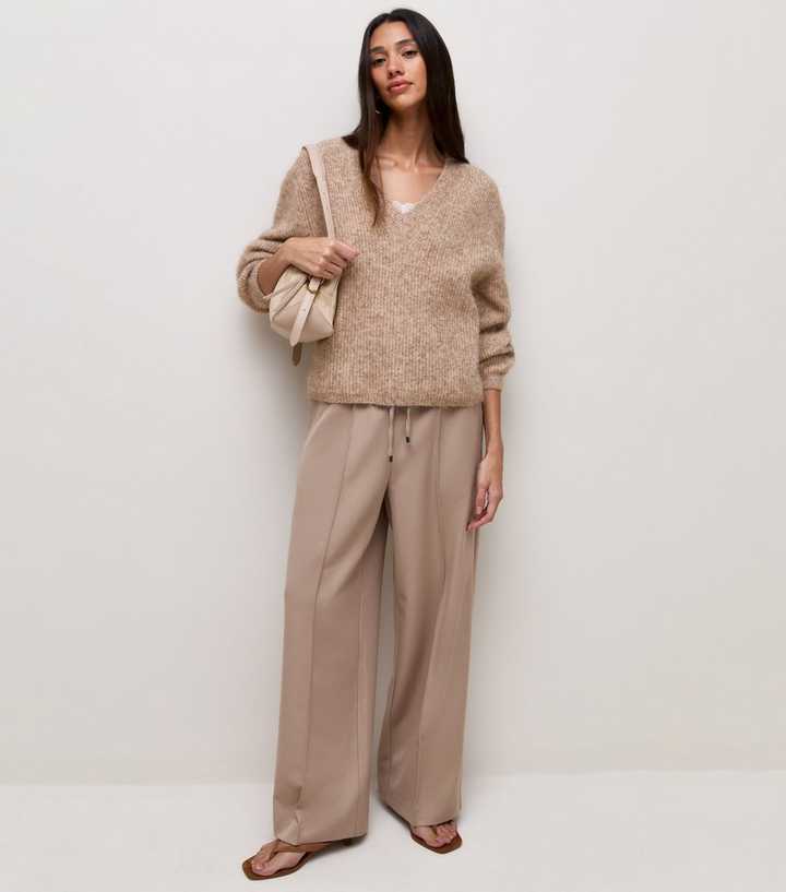Light Mink Brushed Rib Knit V-Neck Jumper