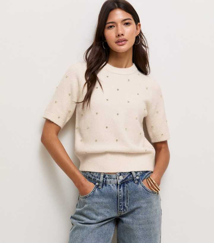 Oatmeal Diamante Studded Knitted T-Shirt
