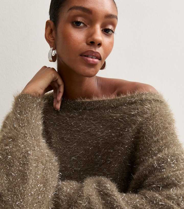 Dark Mink Fluffy Sparkly Off the Shoulder Jumper