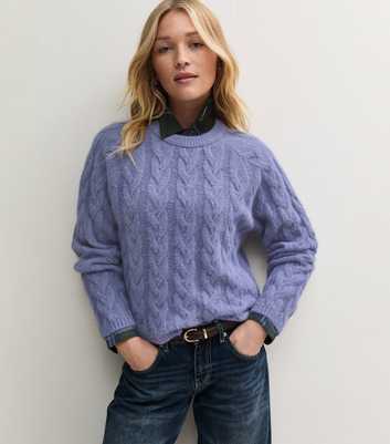 Light Purple Cable Knit Crew Neck Jumper with Wool