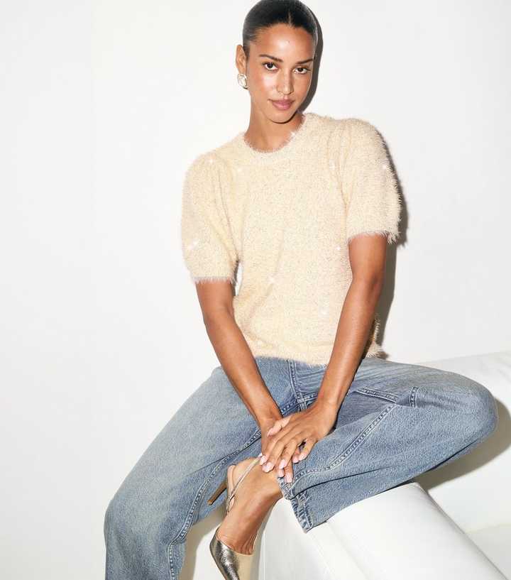 Cream Fluffy Sparkle Knit Short Sleeve Jumper