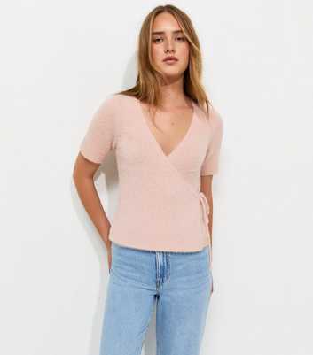 Light Pink Short Sleeve Fluffy Knit Wrap Front Jumper