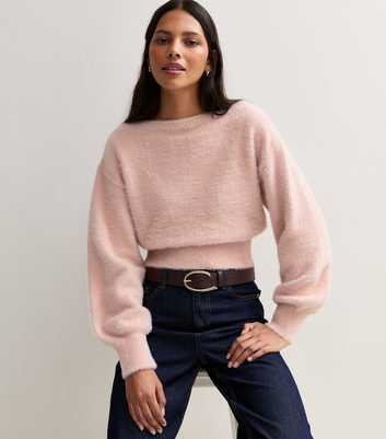 Light Pink Fluffy Knit Slashed Neck Jumper