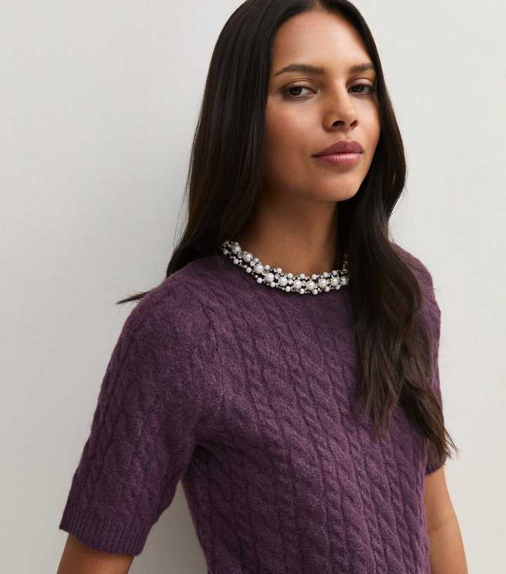 Dark Purple Cable Knit Embellished Necklace Short Sleeve Top