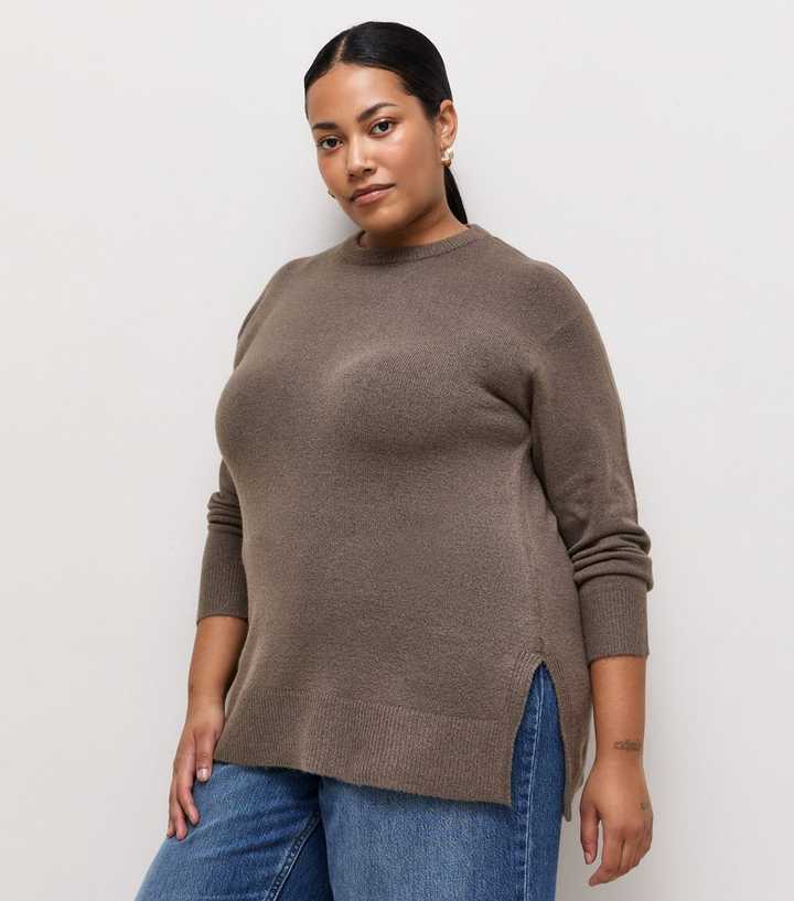 Curves Dark Mink Side Slit Knitted Jumper