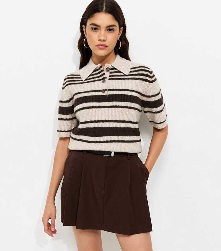 Brown Multi Striped Ribbed Short Sleeve Polo Top