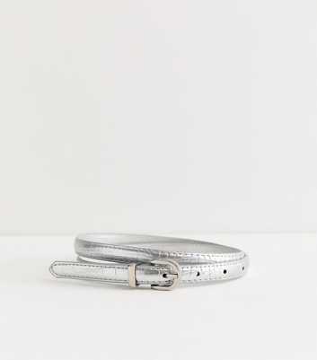 Silver Faux Leather Croc Embossed Skinny Belt