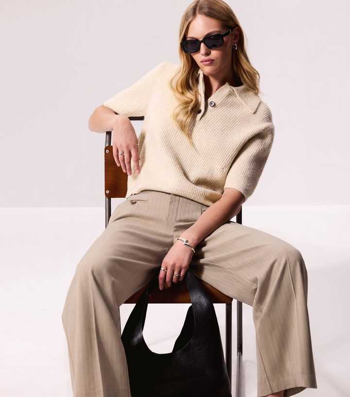 Oatmeal Ribbed Knit Short Sleeve Polo Top