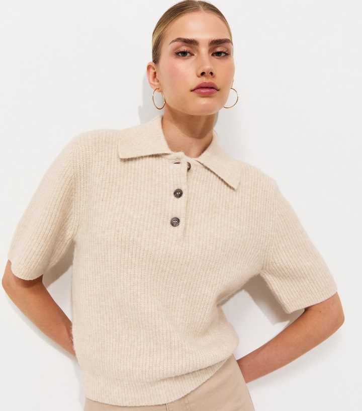 Oatmeal Ribbed Knit Short Sleeve Polo Top