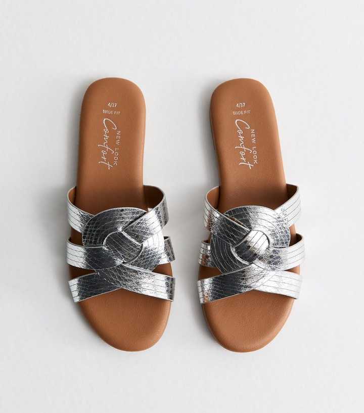 Wide Fit Silver Interwoven Strap Flat Mules