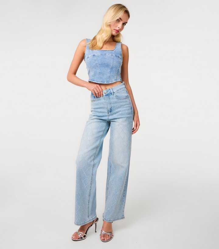 Pink Vanilla Light Blue Diamanté Embellished Wide Leg Jeans