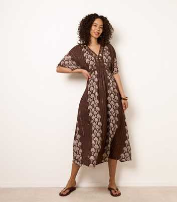 Blue Vanilla Dark Brown Shell Print Embroidered Midi Dress