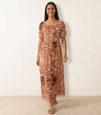 Blue Vanilla Brown Tie Front Shirred Midi Dress
