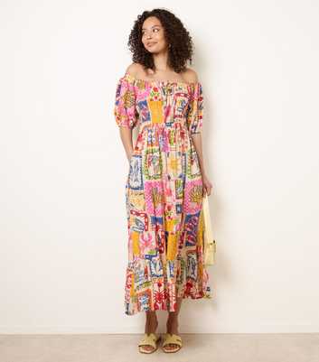 Blue Vanilla Multicolour Tie Front Shirred Waist Midi Dress