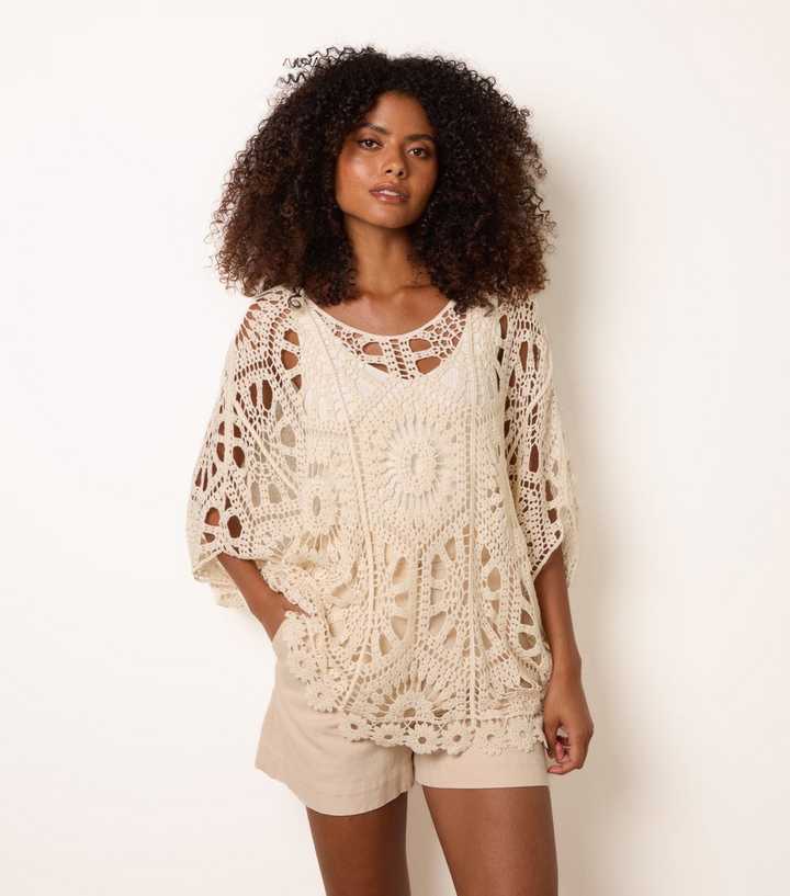 Blue Vanilla Stone Floral Crochet Batwing Sleeve Top