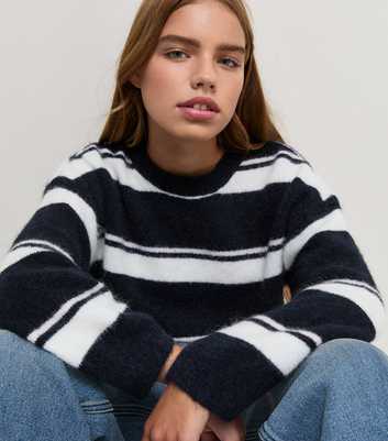 Girls Blue Striped Crew Neck Jumper