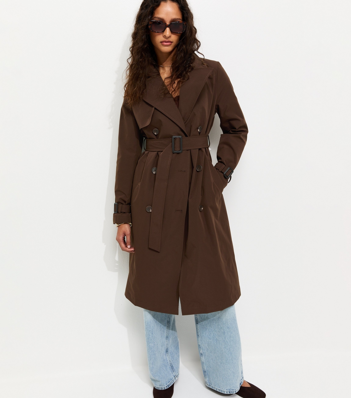 Women's Dark Brown Double Breasted Belted Trench Coat New Look