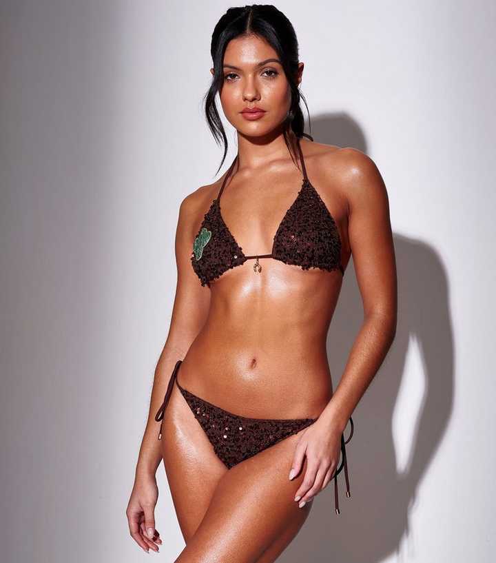 South Beach Brown Sequinned Crochet Bikini Tie Side Briefs