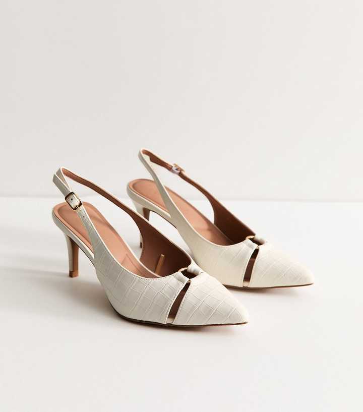 Wide Fit Off White Croc Embossed Slingback Court Shoes