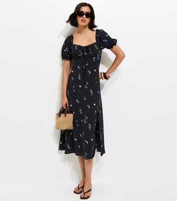 Black Floral Print Milkmaid Midi Dress
