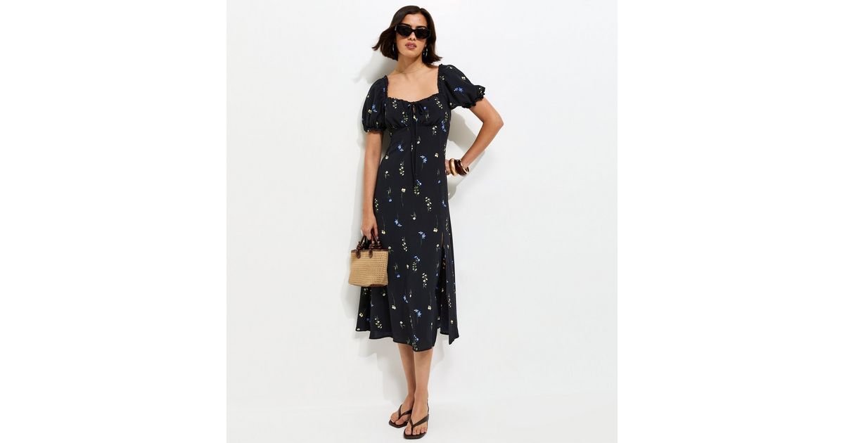 black ditsy print milkmaid midi dress Miss Selfridge - Maxi Dress - Women - Cotton - 4 US